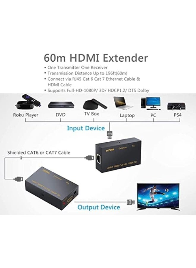 Salab HDMI Extender, 60M HDMI Transmitter and Receiver, HDMI to RJ45, RJ45 to HDMI, HDMI to Ethernet signle RJ45 cat5e/ 6/7 Cables Up to 196ft(60m), Supports 1080p 3D HDCP EDID - Image 4